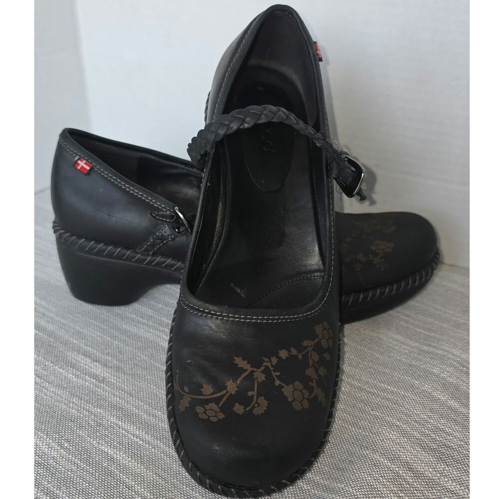 Black Leather ECCO Mary Jane Clog Shoes Braided Strap Embossed Floral Toe Detail